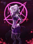  anthro blood bodily_fluids brick canid canid_demon canine canis capt_hairball choker clothing demon female fishnet fur gore hair halter_top hellhound helluva_boss hi_res jewelry looking_away loona_(helluva_boss) mammal necklace pentagram red_sclera solo white_body white_fur 
