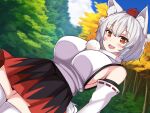  1girl animal_ears armpits bare_shoulders breasts detached_sleeves dutch_angle forest fuji_norihiro hat huge_breasts inubashiri_momiji looking_at_viewer miniskirt nature open_mouth orange_eyes red_headwear ribbon-trimmed_sleeves ribbon_trim shirt skirt sleeveless sleeveless_shirt smile solo tail thighhighs tokin_hat touhou tree white_hair white_thighhighs wolf_ears wolf_girl wolf_tail 