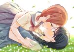  2girls aoi_hana black_hair braid eye_contact falling_leaves french_kiss glasses grass hug kiss leaf light looking_at_another lying lying_on_another manjoume_fumi multiple_girls okudaira_akira on_grass orange_hair school_uniform tachi_(gutsutoma) twin_braids yuri 