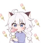  1girl 5rwpvc ahoge animal_ears blue_shirt braid chibi dango eating fake_animal_ears food highres holding holding_food honkai_(series) honkai_impact_3rd kiana_kaslana long_hair long_sleeves low_twintails puffy_long_sleeves puffy_sleeves sanshoku_dango shirt simple_background solo twin_braids twintails upper_body very_long_hair wagashi white_background white_hair 