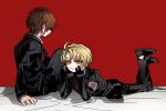  2boys :t armband black_footwear black_jacket black_pants blonde_hair brown_hair commentary_request employee_(lobotomy_corporation) jacket lobotomy_corporation long_sleeves lying male_focus multiple_boys necktie no_nose no_socks on_stomach pants project_moon red_armband red_background red_necktie shirt shoes short_hair shot_(urem) simple_background sitting sketch white_shirt yellow_eyes 