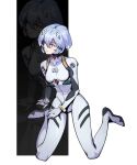  1girl afterimage arm_support ayanami_rei blue_hair bodysuit full_body highres interface_headset looking_to_the_side neon_genesis_evangelion plugsuit red_eyes sesese short_hair sitting solo wariza white_bodysuit 