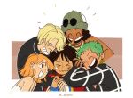  1girl 4boys ^_^ black_hair blonde_hair brown_eyes cesel closed_eyes comforting dark-skinned_male dark_skin earrings green_hair group_hug hat hug jewelry looking_at_another monkey_d._luffy multiple_boys nami_(one_piece) one_piece one_piece_(live_action) open_mouth orange_hair roronoa_zoro sanji_(one_piece) scar smile tan tearing_up usopp 