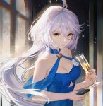  1girl absurdres ahoge bare_shoulders blue_dress breasts champagne_flute cleavage commentary cup dress drinking_glass echo_(a19986536) fingernails grey_eyes grey_hair gundam gundam_suisei_no_majo hair_between_eyes highres holding holding_cup holding_phone indoors long_hair looking_at_viewer medium_breasts miorine_rembran parted_lips phone solo sparkle upper_body window 