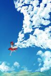  1girl blue_sky bow brown_hair cloud cloudy_sky commentary_request detached_sleeves floating full_body hair_bow hakurei_reimu highres landscape medium_hair mountainous_horizon outdoors red_bow sky solo touhou uzumibi 