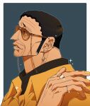  1boy black_hair borsalino_(kizaru) ear_piercing earrings facial_hair formal from_side highres honesty_1114 jewelry male_focus mature_male nail_polish one_piece piercing profile ring short_hair solo striped_suit stubble suit sunglasses upper_body yellow_nails yellow_suit 