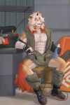  absurd_res anthro arknights bodily_fluids bulge canid canine canis clothed clothing domestic_dog fur gloves hair handwear hi_res horn hung_(arknights) hypergryph looking_at_viewer male mammal muscular muscular_anthro muscular_male open_clothing orange_hair orange_tail red_horn sitting solo studio_montagne sweat tail tan_body tan_fur weibo_id_5789756318 white_body white_fur white_hair yellow_eyes 