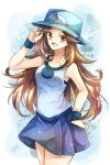  1girl :d bare_arms blue_headwear blue_shirt blue_skirt blue_wristband brown_eyes brown_hair bucket_hat clothes_lift eyelashes floating_hair gradient_background hair_flaps hand_on_hip hand_up hat highres leaf_(pokemon) long_hair looking_at_viewer lower_teeth_only open_mouth pleated_skirt poke_ball_theme pokemon pokemon_(game) pokemon_frlg shiny_skin shirt sidelocks skirt skirt_lift sleeveless sleeveless_shirt smile solo standing straight_hair teeth tongue untucked_shirt very_long_hair yomogi_(black-elf) 