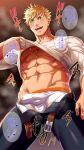  1boy abs bara belt black_pants blonde_hair brown_belt bulge clothes_lift erection erection_under_clothes granblue_fantasy green_eyes hifumi_(3b_x) highres large_pectorals male_focus male_underwear muscular muscular_male navel open_belt open_mouth open_pants paid_reward_available pants pectorals shirt shirt_lift short_hair smile solo translation_request underwear vane_(granblue_fantasy) white_male_underwear white_shirt 