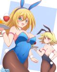 2girls absurdres animal_ears back bare_shoulders blonde_hair blue_background blush blush_stickers breasts bunny_day cleavage dark_magician_girl detached_collar duel_monster gagaga_girl green_eyes highres ken-pai_(kenpai_arts) large_breasts leotard long_hair looking_at_viewer multiple_girls open_mouth playboy_bunny rabbit_ears rabbit_tail red_eyes short_hair sideboob simple_background tail thighhighs tray wrist_cuffs yu-gi-oh! 