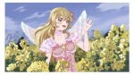  1girl :d aikatsu! aikatsu!_(series) all_day_long blonde_hair blue_sky blush bow choker cloud day dress field flower flower_field frilled_dress frills hair_ribbon hand_up highres hoshimiya_ichigo long_hair looking_at_viewer open_hand open_mouth orange_eyes outdoors pink_bow pink_choker pink_dress pink_ribbon ribbon sky smile solo standing white_wings wings yellow_flower 