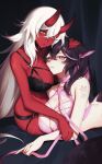  2girls akumi_(yoclesh) animal_ears black_hair bra breasts choker collar colored_skin commentary hair_between_eyes highres horns large_breasts leash long_hair looking_at_viewer momote_(vtuber) multiple_girls oni oni_horns pink_eyes pink_hair red_skin scar slit_pupils underwear very_long_hair virtual_youtuber vyugen white_hair yellow_eyes yoclesh 