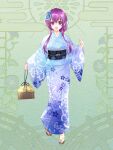  1girl :d bag blue_kimono blue_nails dairoku_ryouhei floral_print flower full_body green_background hair_flower hair_ornament handbag japanese_clothes kimono looking_at_viewer obi okiura_sayaka purple_eyes purple_hair sandals sash shima_(shima46653800) smile solo standing wide_sleeves yukata 