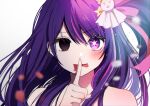  1girl bare_shoulders before_and_after blood blood_from_mouth blood_on_face blush commentary_request empty_eyes finger_to_mouth hair_ornament highres hoshino_ai_(oshi_no_ko) long_hair one_side_up oshi_no_ko purple_eyes purple_hair rabbit_hair_ornament simple_background sparkle spoilers star-shaped_pupils star_(symbol) symbol-shaped_pupils tako_8_yaki tongue tongue_out 