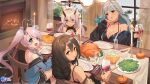  4girls ahoge alcohol azur_lane bikini bikini_top_only bikini_under_clothes black_bikini black_jacket blue_eyes body_markings bodypaint braid breasts cup dark-skinned_female dark_skin drinking_glass facial_mark feather_hair_ornament feathers food forehead_mark fork gravy gravy_boat green_bean hair_between_eyes hair_ornament heart heart-shaped_pupils heart_ahoge heterochromia highres indianapolis_(azur_lane) jacket large_breasts lucidsky massachusetts_(azur_lane) multiple_girls native_american official_art open_mouth partially_unzipped pie plate portland_(azur_lane) purple_hair second-party_source side_ponytail smile south_dakota_(azur_lane) swimsuit symbol-shaped_pupils thanksgiving tri_braids turkey_(food) unzipped wine wine_glass 