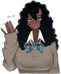  black_hair blush bow broccoli_(ohasi) commentary dark-skinned_female dark_skin english_text glasses lip_piercing long_hair looking_at_viewer ohasi original parted_lips piercing school_uniform shirt simple_background solo sweater symbol-only_commentary thick_lips very_dark_skin very_long_hair waving white_background 