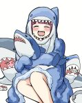  1girl :d alcohol_carton animal_costume bare_legs blush bocchi_the_rock! carton closed_eyes gotoh_hitori gotoh_hitori_(octopus) hiroi_kikuri ikea_shark purple_hair shark_costume sharp_teeth simple_background smile stuffed_animal stuffed_shark stuffed_toy teeth torako_(toramaru) white_background 