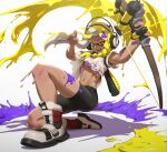 bike_shorts black_shorts blonde_hair bow_(weapon) breasts headphones highres holding holding_bow_(weapon) holding_weapon inkling inkling_girl lips long_hair looking_at_viewer loped navel open_mouth shirt short_sleeves shorts small_breasts smile splatoon_(series) splatoon_3 teeth tentacle_hair underboob weapon white_shirt yellow_eyes yellow_lips 