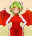  1girl brown_background china_dress chinese_clothes closed_mouth cowboy_shot draco_centauros dragon_girl dragon_wings dress eyelashes gloves green_hair hands_on_own_hips highres horns looking_at_viewer luck_capsule madou_monogatari orange_eyes pointy_ears puyopuyo red_dress red_wings short_hair smile solo straight-on white_gloves white_horns wide_hips wings 