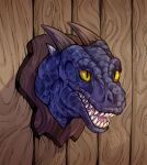  award blue_body carnivore death decapitation dinosaur feral grin hi_res kolkolukija male reptile scalie sharp_teeth smile solo teeth trophy vertical_pupils wall_(structure) wood wood_wall yellow_eyes 