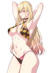  1girl armpits arms_behind_head arms_up bare_shoulders bikini black_bikini black_choker blonde_hair breasts choker collarbone commentary_request criss-cross_halter ear_piercing earrings floral_print halterneck highres jewelry kitagawa_marin large_breasts long_hair looking_at_viewer navel parted_lips piercing print_bikini red_eyes solo sono_bisque_doll_wa_koi_wo_suru swimsuit thighs zucchini 
