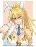  1girl ahoge animal_ears artoria_pendragon_(fate) artoria_pendragon_(swimsuit_ruler)_(fate) bare_shoulders blonde_hair blush braid breasts cleavage closed_mouth collarbone detached_collar fate/grand_order fate_(series) feather_boa french_braid gold_trim green_eyes hair_between_eyes highres large_breasts leotard long_hair looking_at_viewer mitsurugi_sugar necktie playboy_bunny ponytail rabbit_ears sidelocks smile solo tiara white_leotard wrist_cuffs 