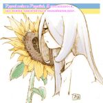  1girl collarbone flower from_side grey_hair leaf little_witch_academia long_hair one_eye_closed one_eye_covered parted_lips shiro0909 shirt simple_background smelling solo sucy_manbavaran sunflower ukrainian_flag ukrainian_text white_background white_shirt yellow_flower 