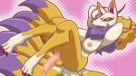  anthro areola balls big_breasts breasts canid canine censored censored_genitalia censored_penis fox fox_spirit fur genitals gynomorph hands_behind_head hi_res intersex kyubi_(yo-kai_watch) mammal mosaic_censorship multi_tail nazca_(artist) nipples nude penis pink_areola pink_background pink_nipples pink_penis purple_body purple_fur raised_arms simple_background sitting solo tail yellow_body yellow_eyes yo-kai_watch 