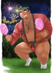  1boy aerial_fireworks bara belly blush bulge buzz_cut chest_hair cotton_candy dark-skinned_male dark_skin facial_hair facial_mark festival fireworks food forehead_mark fundoshi goatee grin happi highres holding holding_food japanese_clothes large_pectorals looking_at_viewer male_focus mature_male navel paid_reward_available pectoral_cleavage pectorals plump rampie_(piefactory) red_fundoshi short_hair sideburns sideburns_stubble smile solo sparse_chest_hair squatting stomach thick_eyebrows thick_thighs thighs tokyo_afterschool_summoners tvastar_(housamo) very_short_hair 