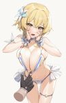  1girl absurdres arm_strap bare_shoulders black_gloves blonde_hair blush breasts choker cleavage collarbone flower genshin_impact gloves hair_flower hair_ornament hands_on_own_face highres large_breasts looking_at_viewer lumine_(genshin_impact) medium_hair navel open_mouth piyo_(pixiv_2308057) simple_background skindentation solo_focus thigh_gap thigh_strap yellow_eyes 