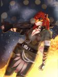  2017 3:4 anthro belt big_breasts biped black_sclera black_stripes bottomwear breasts broken cleavage clothed clothing countershade_face countershade_fur countershade_torso countershading digital_media_(artwork) felid female fire fully_clothed fur gloves gun hair handwear hi_res holding_gun holding_object holding_weapon long_hair mammal markings orange_body orange_fur pantherine pink_nose portrait ranged_weapon red_hair shaded solo striped_markings stripes theorangewolf three-quarter_portrait tiger topwear weapon white_body white_fur yellow_eyes 