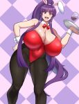  animal_ears blue_eyes bow bowtie breasts cleavage codeorange162 cup curvy drinking_glass eiken gigantic_breasts highres holding holding_tray leotard long_hair misono_kirika open_mouth pantyhose playboy_bunny ponytail purple_hair rabbit_ears red_leotard sidelocks tray very_long_hair wide_hips wine_glass wrist_cuffs 