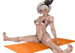  1girl arm_support artist_name bare_legs bare_shoulders barefoot bea_(pokemon) bikini black_bikini black_hairband blush bow_hairband breasts cleavage collarbone covered_nipples dark-skinned_female dark_skin got_ji_(gojich1) grey_eyes grey_hair hair_between_eyes hairband highres large_breasts looking_at_viewer mat micro_bikini navel open_mouth pokemon pokemon_(game) pokemon_swsh short_hair simple_background solo spread_legs stomach sweat swimsuit underboob white_background 