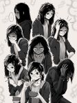  1girl anger_vein angry bags_under_eyes bowl chopsticks cold commentary drawniio eating empty_eyes flying_sweatdrops food glasses greyscale headache highres hood hoodie messy_hair monochrome mood_swing nausea original ponytail shaded_face symbol-only_commentary trembling 