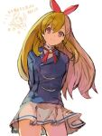  1girl aikatsu! aikatsu!_(series) arms_behind_back blonde_hair blue_jacket bow closed_mouth commentary_request cowboy_shot hair_between_eyes hair_bow hairband hoshimiya_ichigo jacket long_hair long_sleeves looking_at_viewer neck_ribbon pleated_skirt red_bow red_eyes red_hairband red_ribbon ribbon school_uniform shirt simple_background skirt smile solo standing starlight_academy_school_uniform translation_request usugiri_bacon white_background white_shirt white_skirt 
