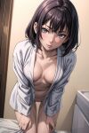 ai-generated bed_sheet black_hair breasts grey_eyes highres leaning_forward medium_breasts non-web_source pussy pussy_juice shirt short_hair white_shirt 