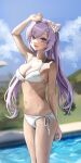  1girl absurdres arm_up armpits bare_arms bare_shoulders bikini blurry blurry_background breasts cleavage day depth_of_field fankey flower genshin_impact hair_flower hair_ornament highres keqing_(genshin_impact) long_hair looking_at_viewer medium_breasts navel outdoors pink_eyes purple_hair side-tie_bikini_bottom solo standing stomach string_bikini sunlight swimsuit thighs twintails wet white_bikini 