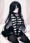  1girl aria_wintermint black_choker black_hair black_skirt blush choker gothic green_eyes hair_over_one_eye halloween highres long_hair long_sleeves looking_at_viewer on_bed original parororo shirt sitting skindentation skirt smile striped striped_shirt suspenders thighhighs 