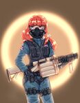  1girl artist_name black_gloves blue_jumpsuit celica_(fire_emblem) commission english_commentary fire_emblem fire_emblem_echoes:_shadows_of_valentia gas_mask gloves goggles grenade_launcher gun holding holding_gun holding_weapon jumpsuit long_hair looking_at_viewer mask military_uniform milkor_mgl orange_hair rainbow_six_siege rin_(strawberrinns) second-party_source solo special_air_service thatcher_(rainbow_six_siege) uniform union_jack united_kingdom weapon 