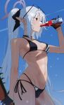  1girl bare_shoulders bikini black_bikini black_bow black_choker blue_archive blue_sky bottle bow breasts breasts_apart choker commentary_request cowboy_shot dark-skinned_female dark_skin drinking eyewear_on_head from_side gloves hair_bow half_gloves halo highres holding holding_bottle iori_(blue_archive) iori_(swimsuit)_(blue_archive) long_hair medium_breasts multi-strapped_bikini navel official_alternate_costume pointy_ears ponytail profile red_eyes shade shiomiya_iruka sky solo stomach swimsuit very_long_hair wet white_hair 