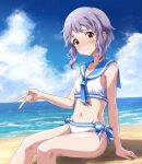  1girl arm_support beach bikini blue_bow blue_neckerchief blue_sailor_collar blue_sky blush bow breasts closed_mouth cloud collarbone commentary day embarrassed hand_up highres idolmaster idolmaster_million_live! idolmaster_million_live!_theater_days legs looking_at_viewer makabe_mizuki navel neckerchief ocean on_floor purple_hair rocktaso_co_ltd sailor_collar sailor_swimsuit_(idolmaster) sand shadow short_hair side-tie_bikini_bottom sidelocks sitting sky small_breasts solo stomach swimsuit thighs v wavy_hair white_bikini yellow_eyes 