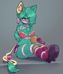  absurd_res anthro big_breasts blush bound breasts chest_tuft cleavage clothed clothing female footwear fur gag gagged green_body green_fur hi_res jamoart mammal shoes solo thick_thighs tuft 