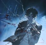  1boy black_eyes black_hair black_jacket black_suit blood blood_on_arm blood_on_clothes blood_on_face blood_on_hands chain chrollo_lucilfer closed_mouth cross_tattoo earrings facial_mark facial_tattoo forehead_mark forehead_tattoo highres holding holding_chain holding_knife hunter_x_hunter jacket jewelry knife long_sleeves looking_at_viewer mei_ren parted_bangs shirt short_hair smile solo standing suit tattoo white_shirt 