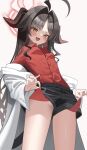  1girl absurdres ahoge black_hair black_horns black_shorts black_tail blue_archive breasts buttons coat collared_shirt cowboy_shot demon_horns fang hair_intakes halo highres horns kasumi_(blue_archive) lab_coat long_hair madai_(mappy) red_halo red_shirt shirt shirt_tucked_in shorts skin_fang small_breasts solo white_coat yellow_eyes 