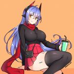  absurdres android bag black_leggings black_shirt black_sweater breasts bubble_tea cup handbag headgear highres holding holding_cup jarckius joints large_breasts leggings looking_at_viewer orange_eyes pleated_skirt poppi_(xenoblade) poppi_qtpi_(xenoblade) purple_hair red_scarf red_skirt robot_ears robot_joints scarf shirt skirt sweater thighs xenoblade_chronicles_(series) xenoblade_chronicles_2 