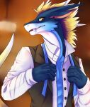  absurd_res anthro black_clothing black_topwear blue_body blue_fur clothed clothing dragon fangs fur furred_dragon glistening glistening_eyes hi_res horn kuttoyaki looking_at_viewer male open_clothing open_mouth open_topwear pupils simple_background slit_pupils solo teeth teryx_commodore topwear white_body white_clothing white_fur white_horn white_topwear yellow_eyes 
