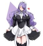  alternate_costume apron black_dress black_thighhighs breasts camilla_(fire_emblem) closed_eyes cowboy_shot curtsey dress facing_viewer fire_emblem fire_emblem_fates hair_over_one_eye heart highres large_breasts long_hair maid maid_apron maid_headdress monoi_daru purple_hair smile thighhighs wrist_cuffs 