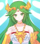  1girl armlet bare_shoulders breasts chiton circlet collarbone dress forehead_jewel gold green_eyes green_hair hand_on_own_chest jewelry kid_icarus kid_icarus_uprising large_breasts laurel_crown long_hair palutena parted_bangs pendant solo suta_(clusta) vambraces very_long_hair white_dress 