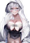  1girl absurdres black_dress blue_eyes blush breasts cleavage collarbone dress fate/grand_order fate_(series) glasses grey_hair highres jacques_de_molay_(foreigner)_(fate) large_breasts len_(hand_linke) looking_at_viewer short_dress short_hair smile thighs tongue tongue_out 