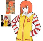  3girls colored_skin commentary english_commentary fusion genderswap genderswap_(mtf) hands_on_own_hips highres jumpsuit logo mcdonald&#039;s medium_hair miruyuyo multiple_girls orange_hair photo_inset red_shirt reference_inset ronald_mcdonald screencap_inset shirt simple_background sleeveless_jumpsuit striped striped_shirt white_background white_shirt white_skin yellow_jumpsuit yoru_mac 
